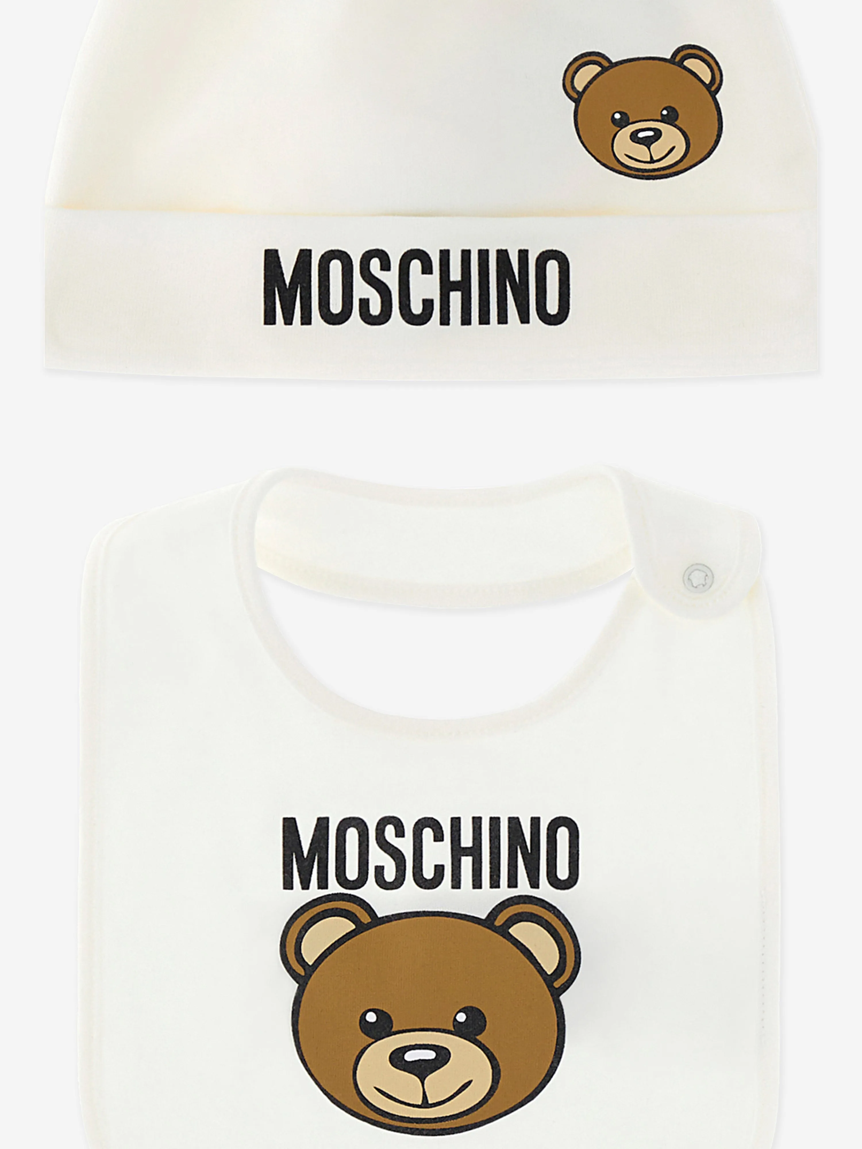 Baby Bear Logo Hat and Bib Set in Ivory