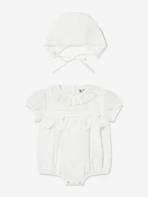 Baby Girls Bubble Romper and Bonnet in Ivory