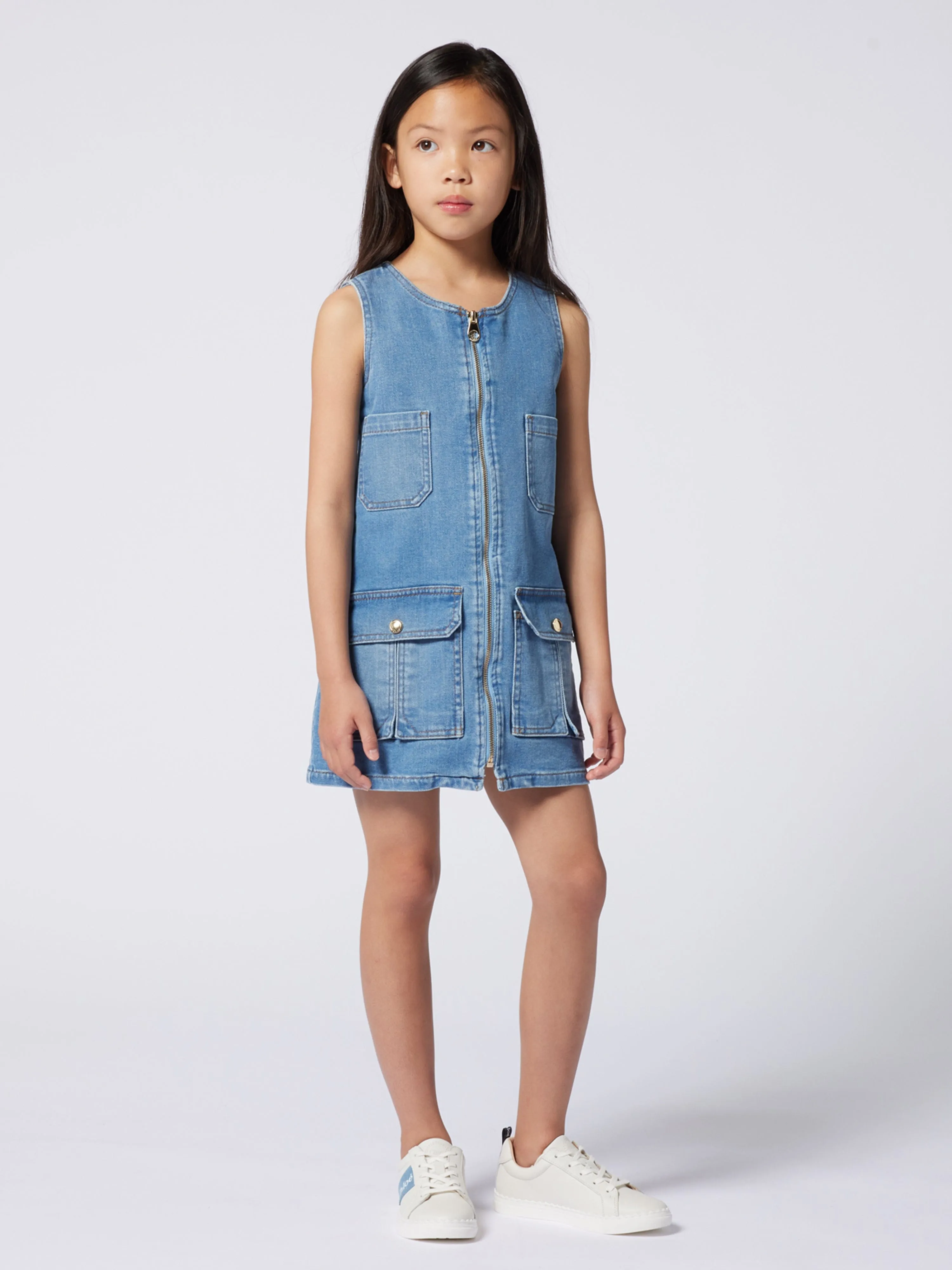 Chlo Girls Sleeveless Denim Zip Dress in Blue