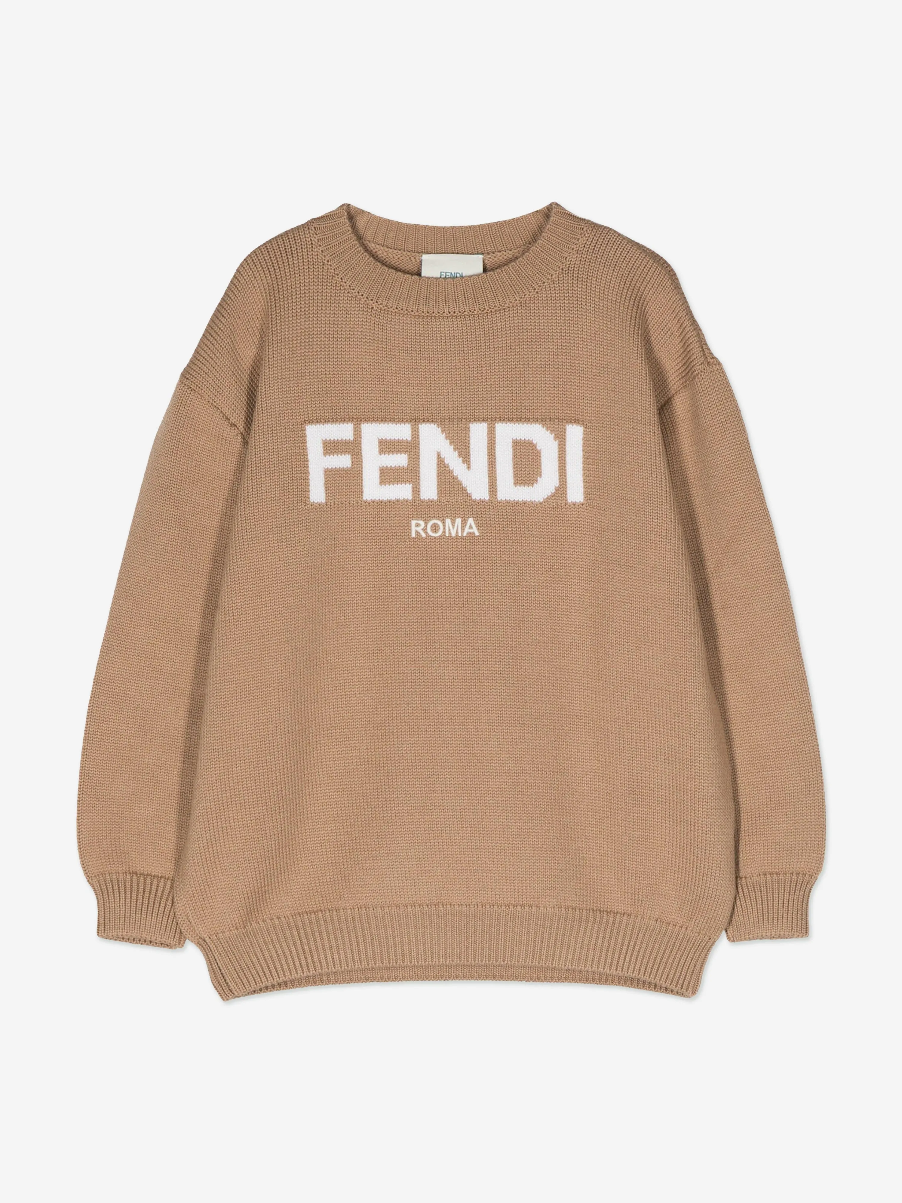Fendi Kids Wool Knitted Logo Jumper in Brown