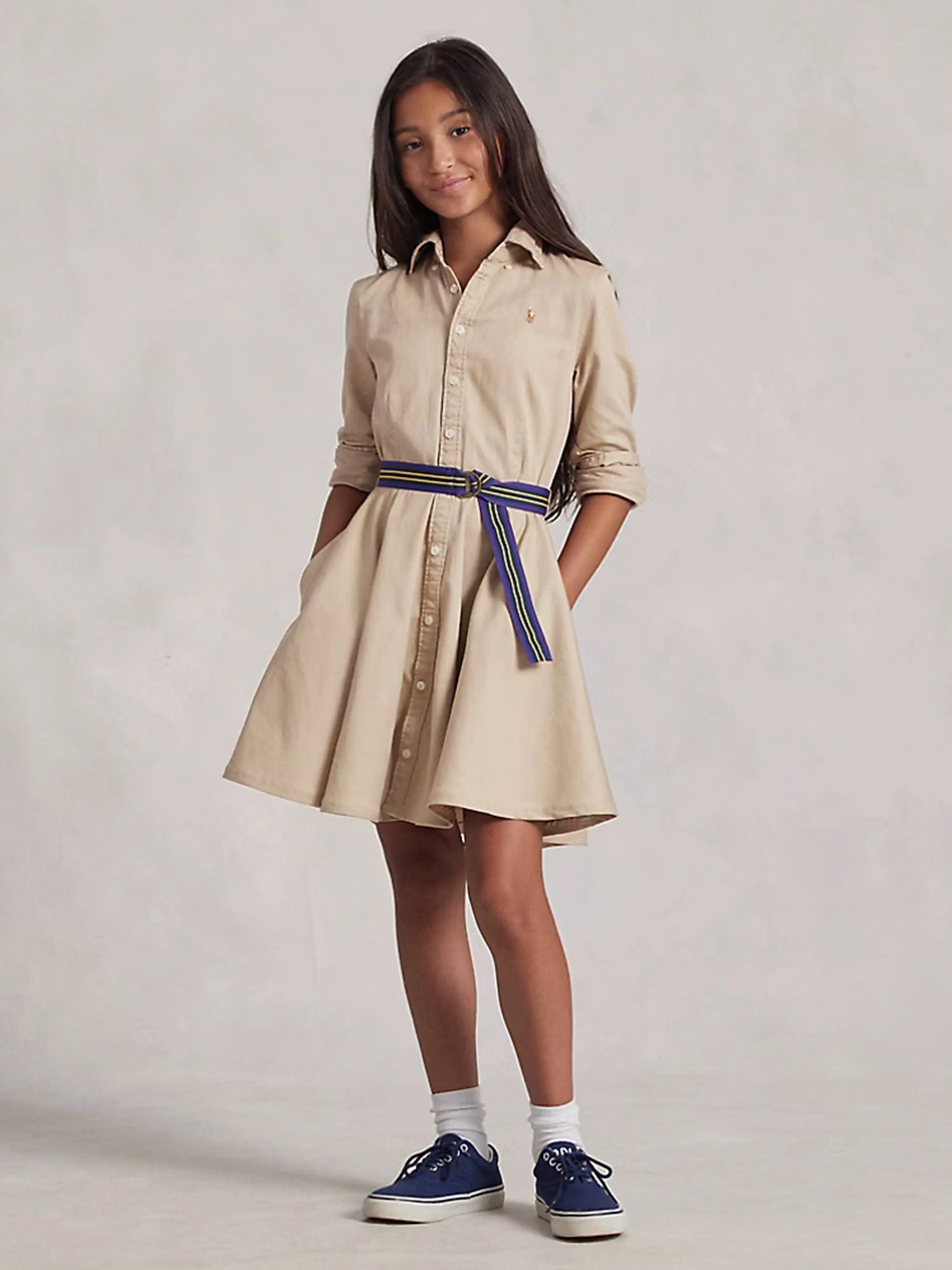 Girls Belted Chino Shirt Dress in Beige