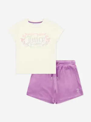 Girls Heritage T-Shirt and Velour Shorts Set in Purple
