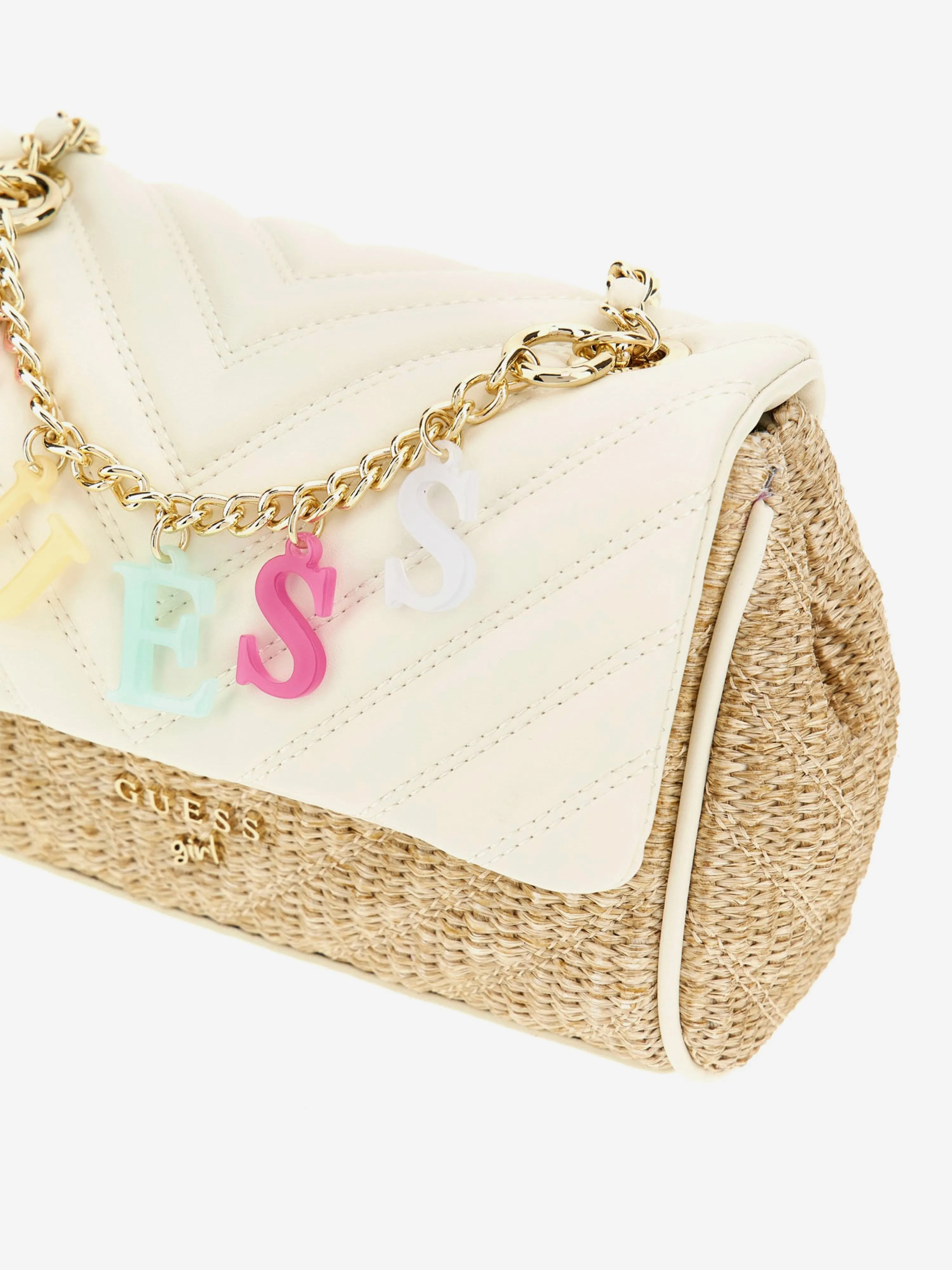 Girls Straw Crossbody Flap Bag in Ivory