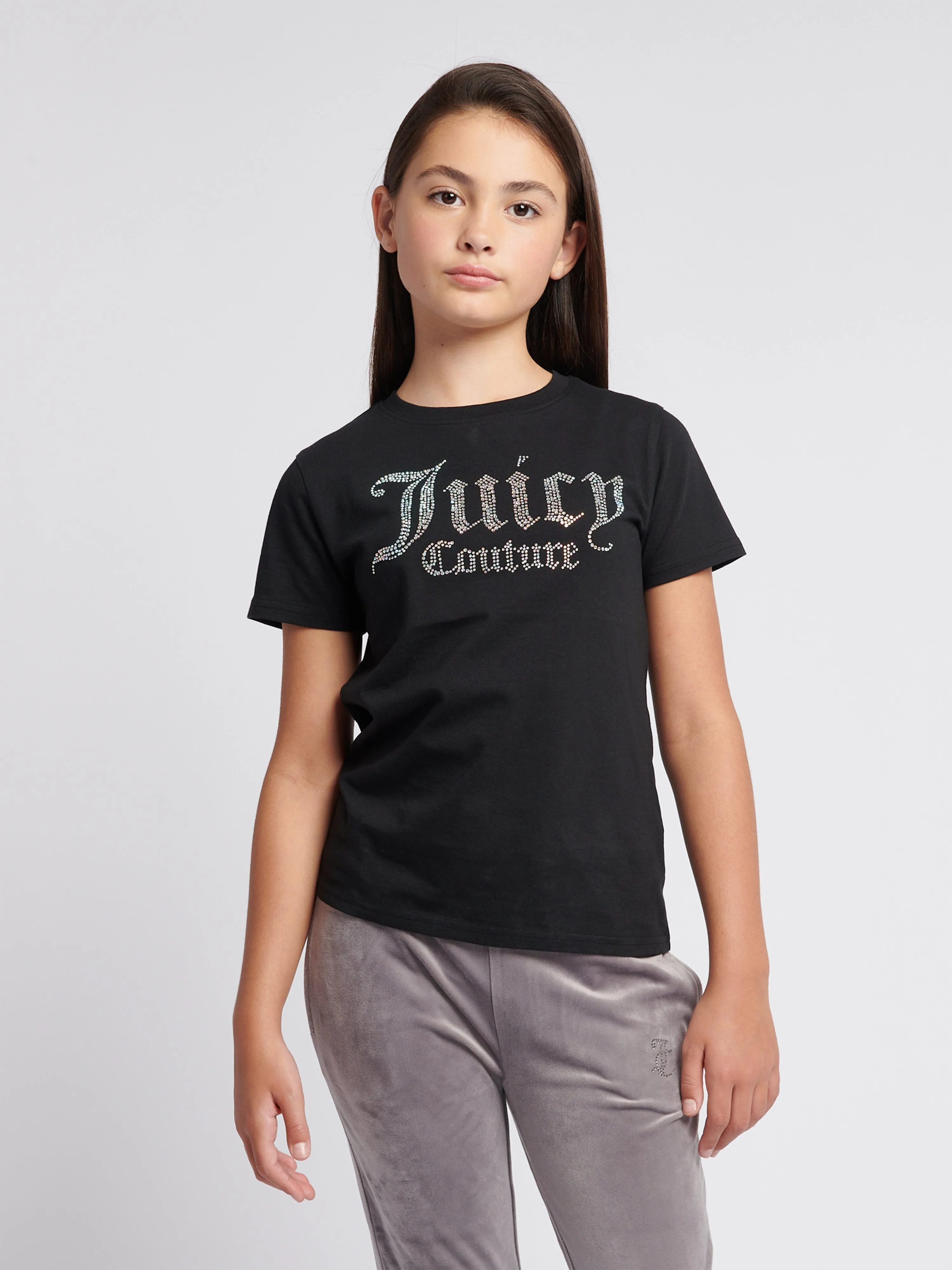 Juicy Couture Girls Diamante Logo Fitted T-Shirt in Black