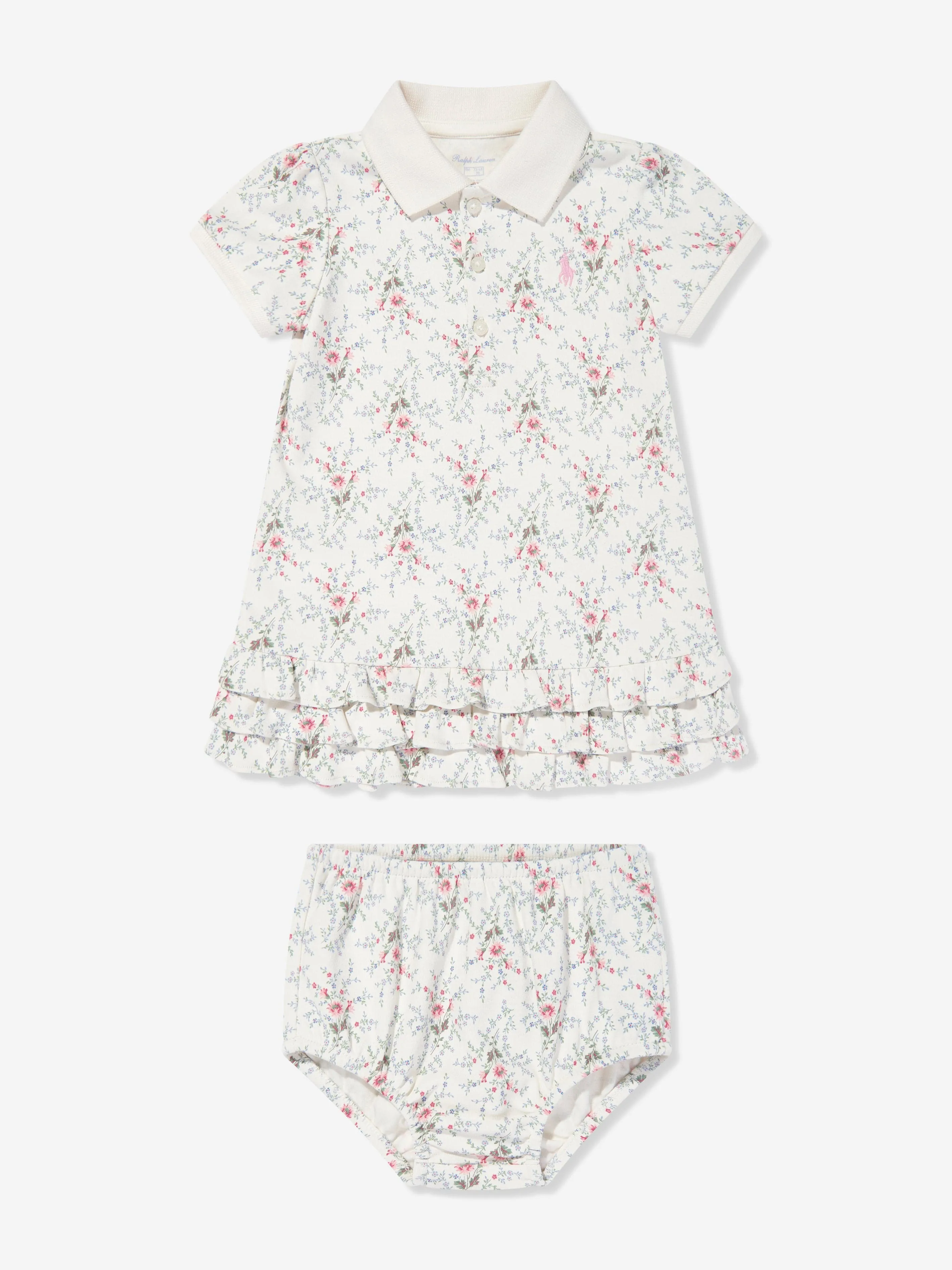 Ralph Lauren Baby Girls Floral Polo Dress With Blommers in Ivory